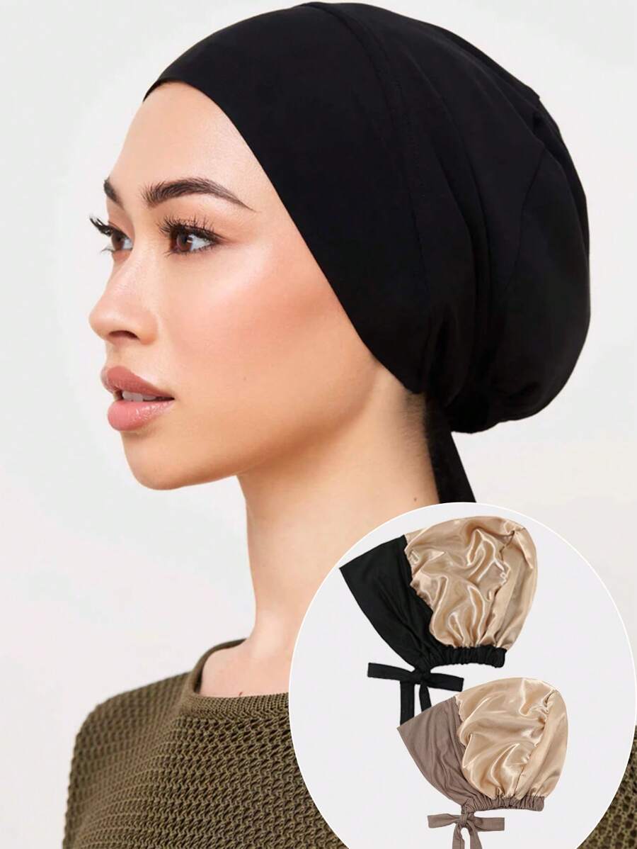 2 chiếc mũ lót buộc dây màu trơn thời trang, bộ 2 mũ buộc dây cho nữ, khăn quàng cổ, khăn choàng co giãn có thể điều chỉnh - 2 chiếc mũ có dây buộc - Xem 1