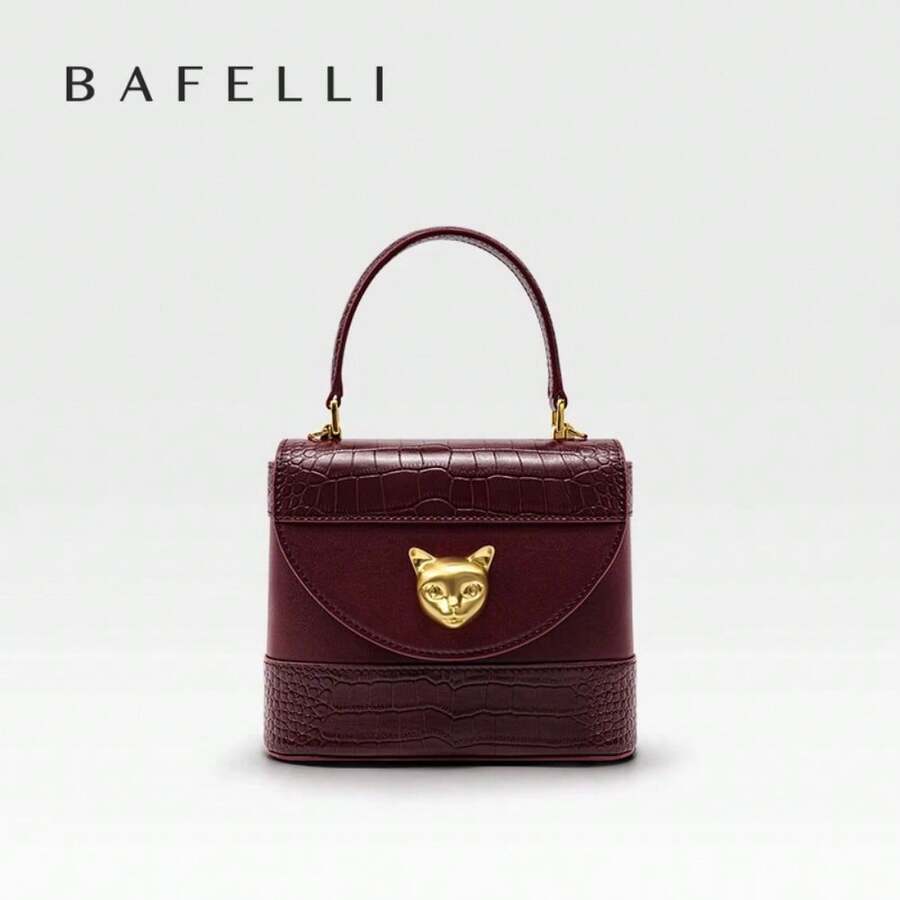 BAFELLI HANDBAG 2024 WOMEN'S NEW CROSSBODY LEATHER PURSE EVENING BAG CROCODILE GRAIN DESIGNER BUCKET CAT LUXURY BRAND FASHION - RƯỢU VANG ĐỎ - Xem 1
