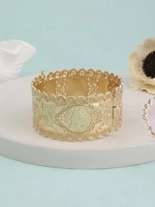 1 件经典宽空心硬币式时尚合金手镯，皇宫风格，多功能节日配饰 - 老仿金色 - 查看 6