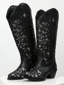 Women's Rhinestone Western Victorian Cowboy Boots Chunky Heel Pull On Pointed Toe Vintage Embroider Cowgirl Shoes - 黑A - 查看 2