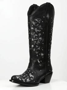 Women's Rhinestone Western Victorian Cowboy Boots Chunky Heel Pull On Pointed Toe Vintage Embroider Cowgirl Shoes - 黑A - 查看 1