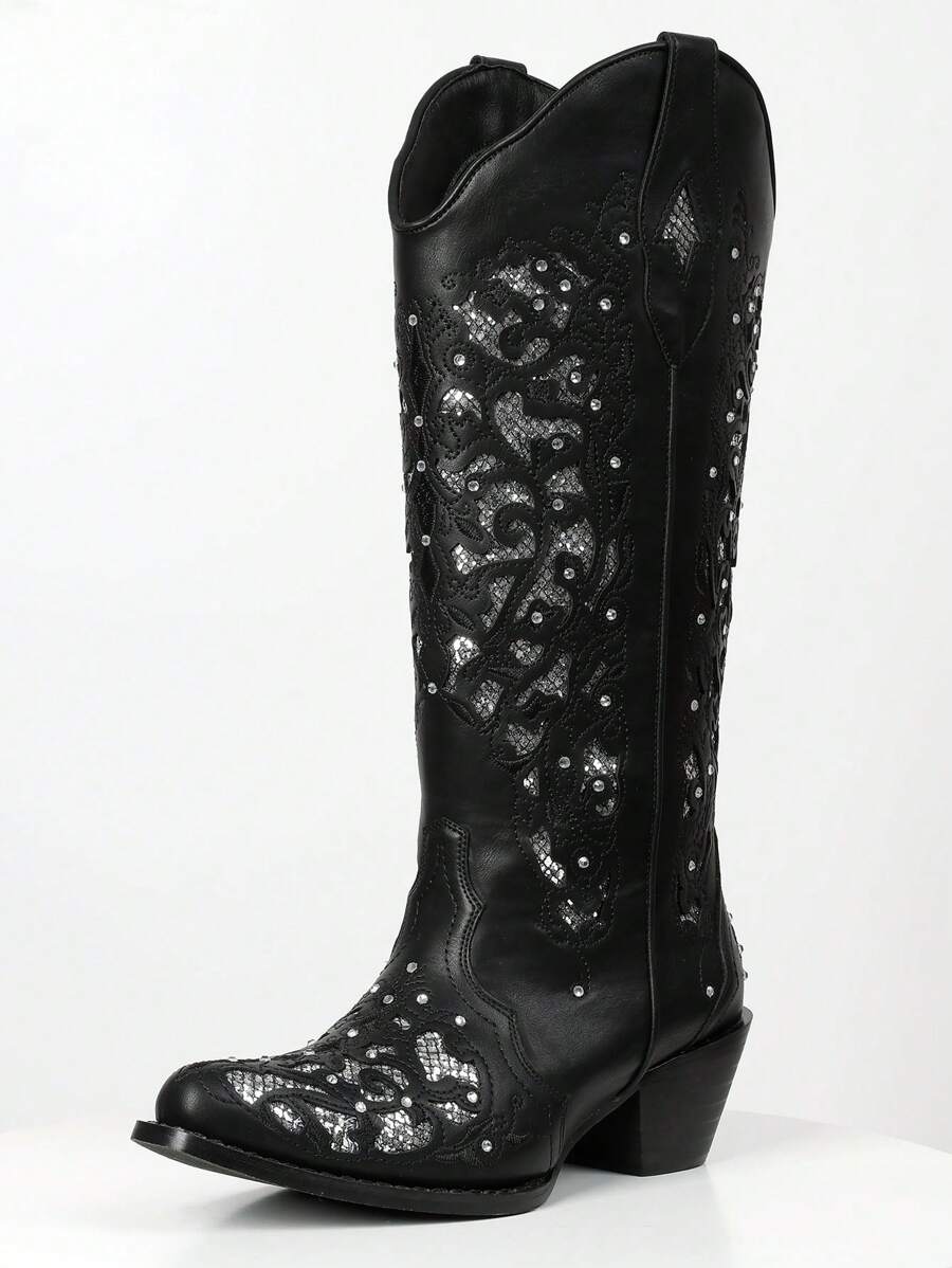 Women's Rhinestone Western Victorian Cowboy Boots Chunky Heel Pull On Pointed Toe Vintage Embroider Cowgirl Shoes - 黑A - 查看 1