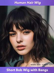 Perucas Bob de Onda Solta com Franja, Cabelo Humano Sem Renda Frontal, Perucas Bob de Onda Natural,10-16 Polegadas, Perucas Bob Curtas com Franja, Perucas Feitas à Máquina Sem Cola, Densidade de 150%, Cabelo Humano Natural Preto para Mulheres