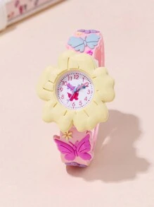 Cute Cartoon Design Wrist Watch, Fashion Flower & Butterfly Pattern, 3D Kids/Children Quartz Analog Watch For Recognizing Time, Gift