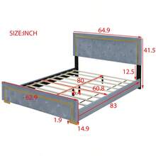 Queen Size Upholstered Platform Bed With Pull Point Headboard And Metal Wire Frame At The Head And Foot Of The Bed Metal Feet Velvet Gray