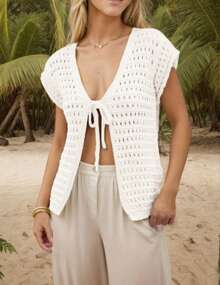 Women's Short Sleeve Lightweight Cardigan Sweater Cute - Beige - View 4