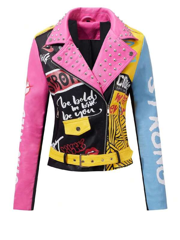 Giacca da donna rivetti floreale motociclista cappotto con risvolto corto