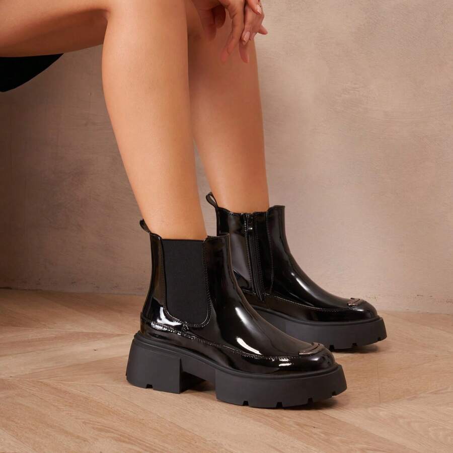 Chunky Platform Ankle Boots With Metallic Insert – Modern And Bold Style - 1697-1 Black - View 1