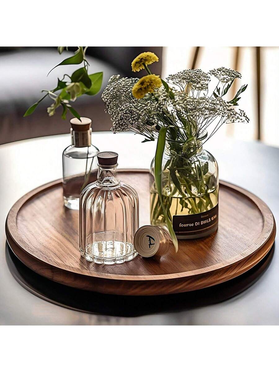 1 Peça de Bandeja Decorativa Circular de Madeira Maciça em Estilo Retrô - Prato de Madeira Multiuso para Refeições, Adequado para Chá da Tarde, Utensílios de Festa, Banheiro, Decoração Doméstica, Hotel