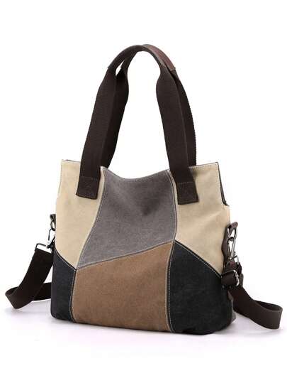 1 Piece Color Block Stitching High Quality Canvas Shoulder Bag Casual Retro Hobo Bag Detachable Shoulder Strap Crossbody Bag Perfect For Women Teacher's Day Gift, Eye-Catching Work Bags For Women