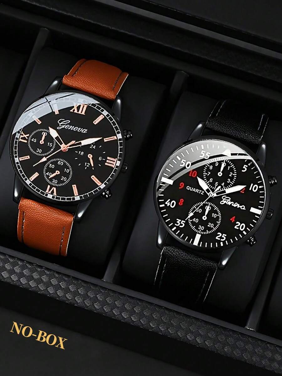 2pcs Men's Fashion Quartz Watches - Alloy Case, Faux Leather Strap, Not Waterproof - Black - View 1