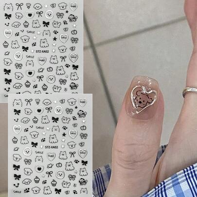 FULL BEAUTY 2张卡通可爱猫狗描涂鸦美甲贴纸星星蝴蝶结爱心卡哇伊动物日式美甲贴花美甲用品DIY美甲饰品装饰指甲