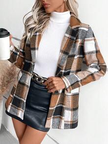 Casual Checkered Thermal Lined Jacket, Autumn/Winter - Coffee Brown - View 4