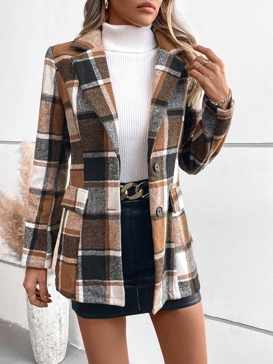 Casual Checkered Thermal Lined Jacket, Autumn/Winter - Coffee Brown - View 1