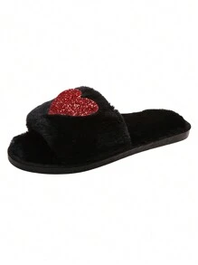 Women's New Spring & Autumn Heart Pattern Soft Open-Toe Low Heel Flat House Slippers, Fashionable Indoor Slippers