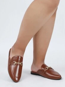 Wide Fit Women Casual Loafers With Metal Decor, Retro Mule Slip On Flat Shoes