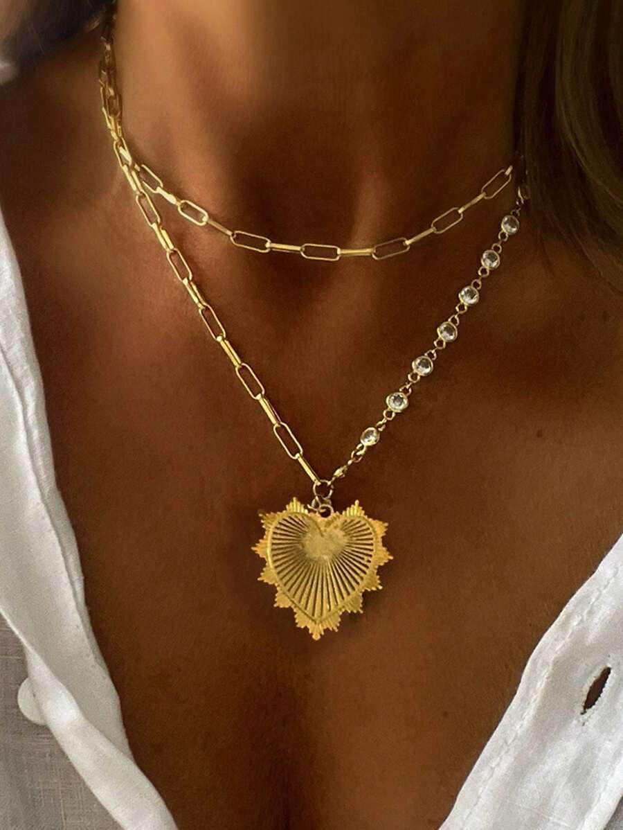 Dây chuyền hai lớp STYLEVER Thiết kế mặt dây chuyền hình trái tim, Dây chuyền mắt xích đính đá, Dây chuyền dài hai lớp, Dây chuyền bất đối xứng - Vàng - Xem 1