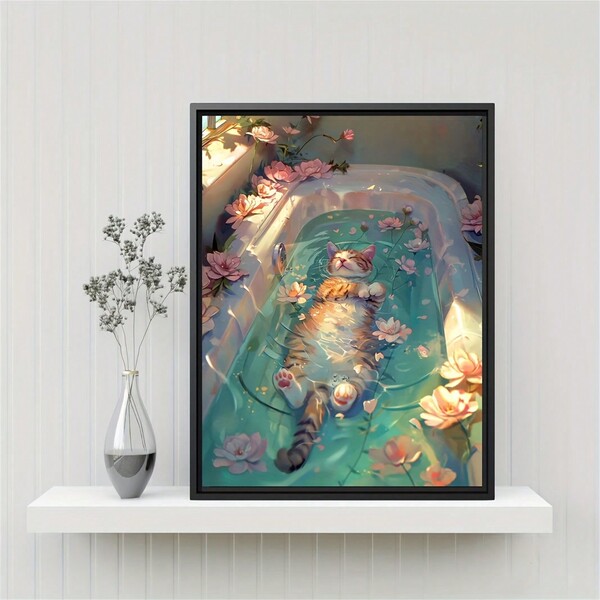 1pc Cat Canvas Wall Art Print In Bathtub, Cute Cat Poster For Bathroom Decoration, Whimsical Cat Artwork, Dopamine Enhanced Canvas Painting, Modern Cat Wall Art Suitable For Bedroom, Living Room, Kitchen, Office, Coffee Shop, And Bathroom Decoration,No Frame