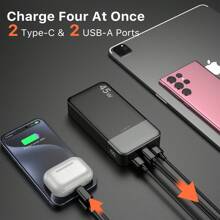Cargador portátil Juovi Power Bank, 20 000 mAh, 45 W, PD3.0, carga rápida 0 C 4.0, pantalla LED, 2 puertos USB-C y 2 puertos USB-A para iPhone 15, color negro
