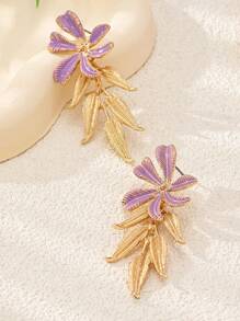 Fashionable Floral Leaf Design Earrings For Women, Elegant & Refined Lavender Color - Mauve Purple - View 6