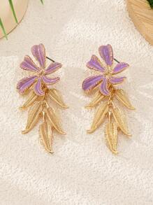 Fashionable Floral Leaf Design Earrings For Women, Elegant & Refined Lavender Color - Mauve Purple - View 3