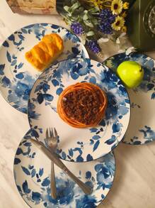 1 đĩa đựng đồ ăn bằng gốm tròn 10,6 inch, đế màu trắng có họa tiết hoa xanh và trắng và tranh màu nâu nhạt, đĩa đựng bánh mì, trái cây, món tráng miệng, salad, bít tết, mì ống, dùng cho bữa ăn tại nhà, tiệc tùng và quà tặng - Hoa văn màu xanh và trắng trên nền trắng - Xem 7