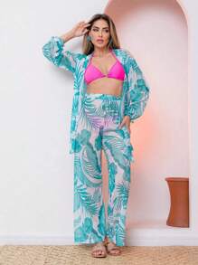 Printed Tulle Beach Cover-Up Shirt And Pants Set - Mint Green - View 3