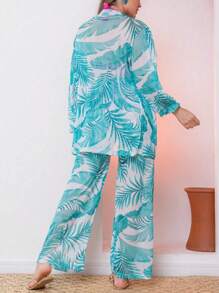 Printed Tulle Beach Cover-Up Shirt And Pants Set - Mint Green - View 2