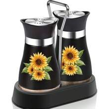 kumlioon Juego de salero y pimentero, salero y pimentero con forma de girasol con soportes para el mango - Decoración moderna de cocina de vidrio - Juego de salero y pimentero para el hogar, restaurante, boda - Accesorios de cocina lindos y elegantes, saleros, pimenteros, saleros y pimenteros de vidrio con base estable para utensilios de cocina, mesa, caravana, camping, barbacoa, botella rociadora, suministros de cocina