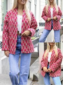 Women Winter Padded Jacket Vintage Print Open Front Quilted Long Sleeve Coat Cardigan - Red - View 2