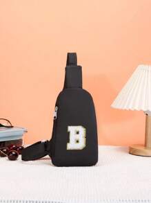 1pc Zipper Closure Fashion Letter Sticker Chest Bag Versatile Casual Messenger Bag Suitable For Daily Use Suitable For Daily Use, Sports, Outings, Outdoor - Black - View 4