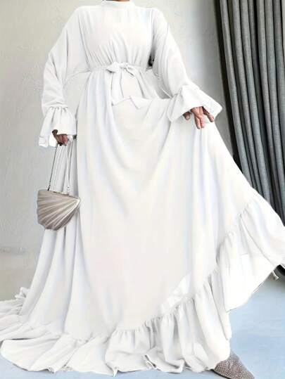 Ruffle Trim A-Line Modest Dress A029