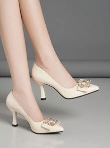 Fashionable Crystal Embellished Pointed Toe Slip-On Pumps, High Heel Work Shoes - Apricot - View 2