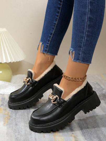 Cross-Border Plus Size Women's Thermal Lined Loafers, Thick Sole Slip-On Oxford Shoes, Black & Brown, British Style Casual Boots, Winter Women's Sneakers