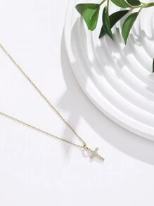 1pc Fashionable Cross Necklace With Copper Zirconia Elements, Stainless Steel Chain - Yellow Gold - View 3