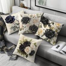 4pcs Vintage Watercolor Black & White Rose Pillow Cover Set, Single-Sided Printed Peach Velvet Material, 45*45/50*50/40*40CM Cushion Cover For Modern Fabric Sofa Indoor Decor, Party Decoration, Gift