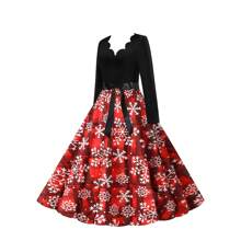 Elegante abito vintage natalizio, con stampa floreale, scollo a V, vita alta, manica lunga, con fiocco
