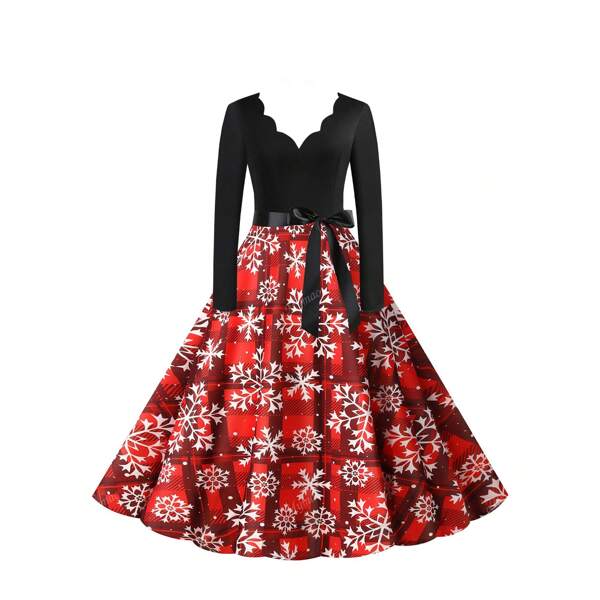Elegante abito vintage natalizio, con stampa floreale, scollo a V, vita alta, manica lunga, con fiocco