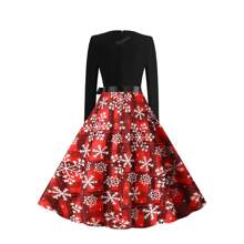 Elegante abito vintage natalizio, con stampa floreale, scollo a V, vita alta, manica lunga, con fiocco