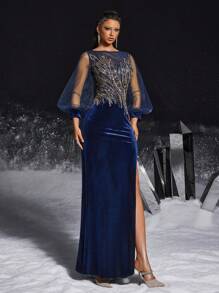 VIPGIRL Luxurious Navy Velvet Evening Gown With Sheer Mesh Sleeves And Sequin Embellishment, High Slit Formal Dress, Long Sleeve Dress, For Wedding Guest, Graduation, Dinner - Navy Blue - View 7