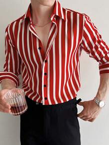 男士红白粗条纹衬衫，绅士优雅简约休闲长袖正装衬衫，秋季 - 紅白色 - 查看 3