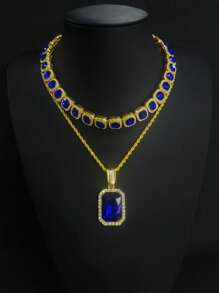 1 件男女通用奢华玻璃水晶吊坠项链,休闲水钻合金链,适合日常佩戴,有红色、白色、蓝色、绿色可选 - 寶石吊墜項鍊 - 查看 9