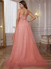 Váy dạ hội ren lấp lánh xẻ cao, dây đeo mảnh tinh xảo, dáng chữ A, váy dạ hội trang trọng cho nữ, váy dạ hội đính hoa sequin 3D, có khóa kéo sau lưng, váy dự tiệc, váy dự tiệc cưới, váy dạ hội - Màu Hồng  San hô - Xem 2
