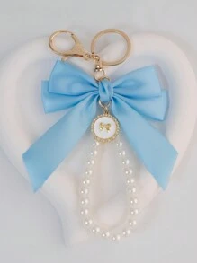 1 Elegant Faux Pearl And Bow Decoration Keychain Pendant With Creative Colorful Woven Ribbon Fabric Knot Accessories, Headphone And Mobile Bag Accessories