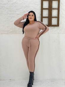 Plus Size Set, Long Sleeve Top And Pants With Leopard Print Detail On The Side - Kem - Xem 3