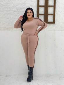 Plus Size Set, Long Sleeve Top And Pants With Leopard Print Detail On The Side - Kem - Xem 1