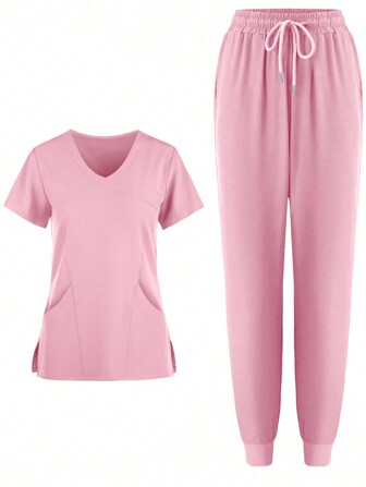 女士柔软弹力护士/医生制服，透气手术上衣和裤子套装，带口袋