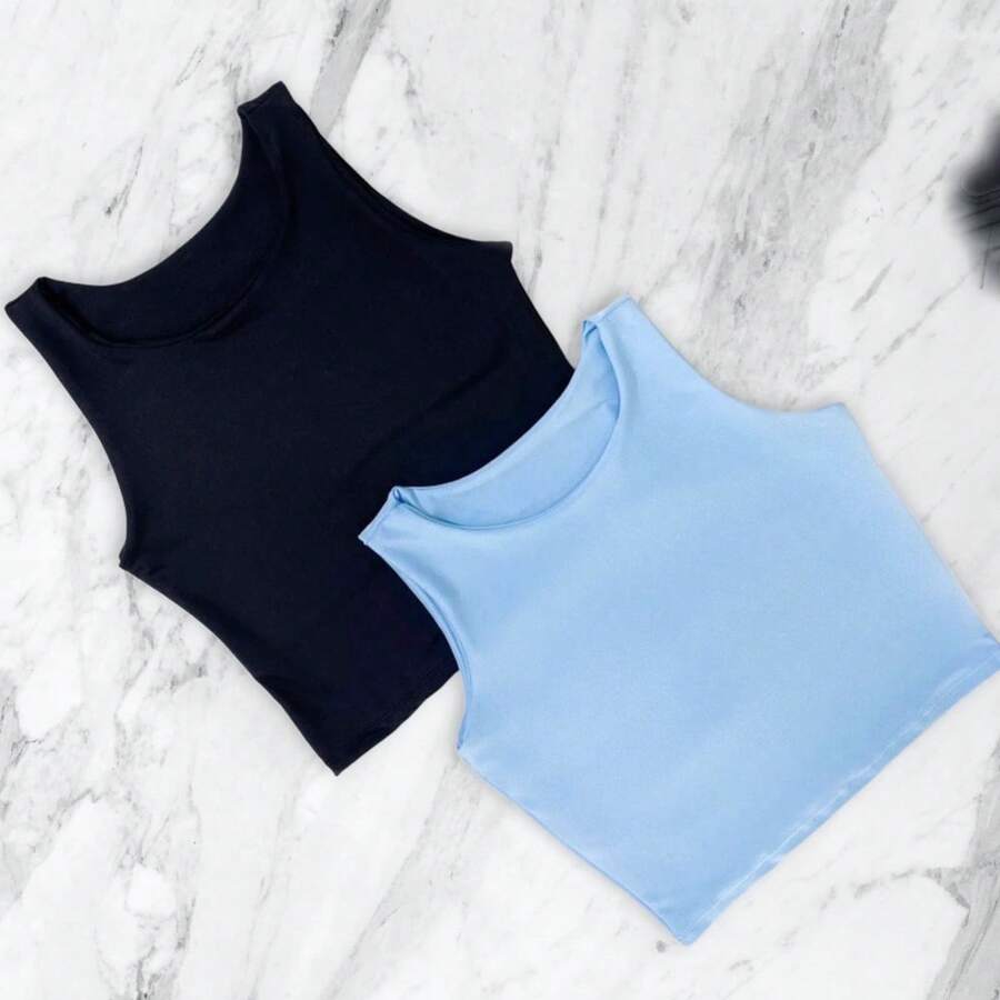 Kit 2 Cropped Feminine Suplex Plain Basic Summer Fashion Available In Various Colors - 淺藍色 - 查看 1