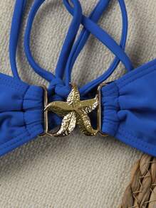 Bikini de mujer de unicolor y sexy con estampado de estrella de mar, sin tirantes, para el verano - Azul - Ver 3