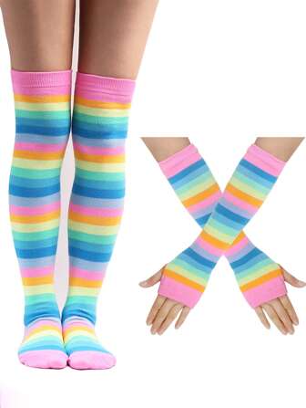1 Set Knitted Colorful Striped Arm Warmers And Thigh High Leg Warmers, Fashionable, Innovative, Skin-Friendly, Stretchy Design Suitable For Teenagers And Young Girl, All Seasons